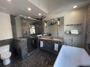 Bathtub, hair dryer, towels, soap