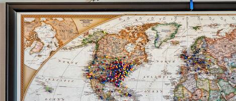 A framed world map with pins in various colors.