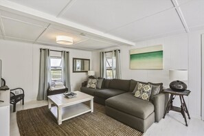 Family Cottage | Living room | Flat-screen TV, fireplace - Oak Bluffs 3-Bed Cottage, Walk to Town (Oak Bluffs)