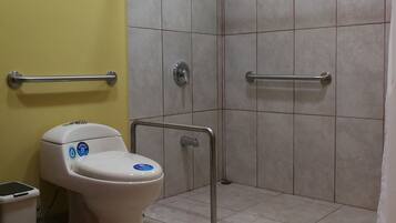 Shower, towels, soap, shampoo