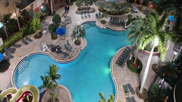 Une piscine intérieure avec un toboggan, entourée de chaises longues et de palmiers.