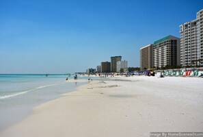 On the beach, sun loungers