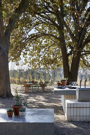 A patio area with a table and chairs, surrounded by large trees and potted plants. - Polperro Farmhouse (Red Hill)