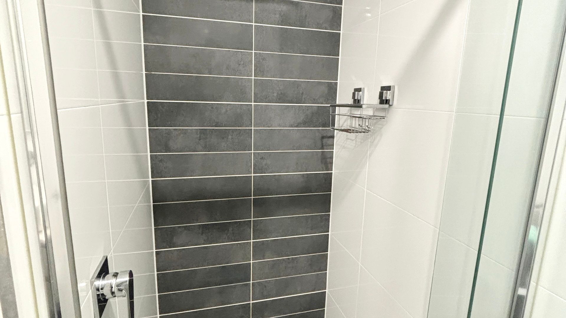 Een douchegedeelte met een betegelde wand, een glazen douchedeur en een metalen handdoekhouder.