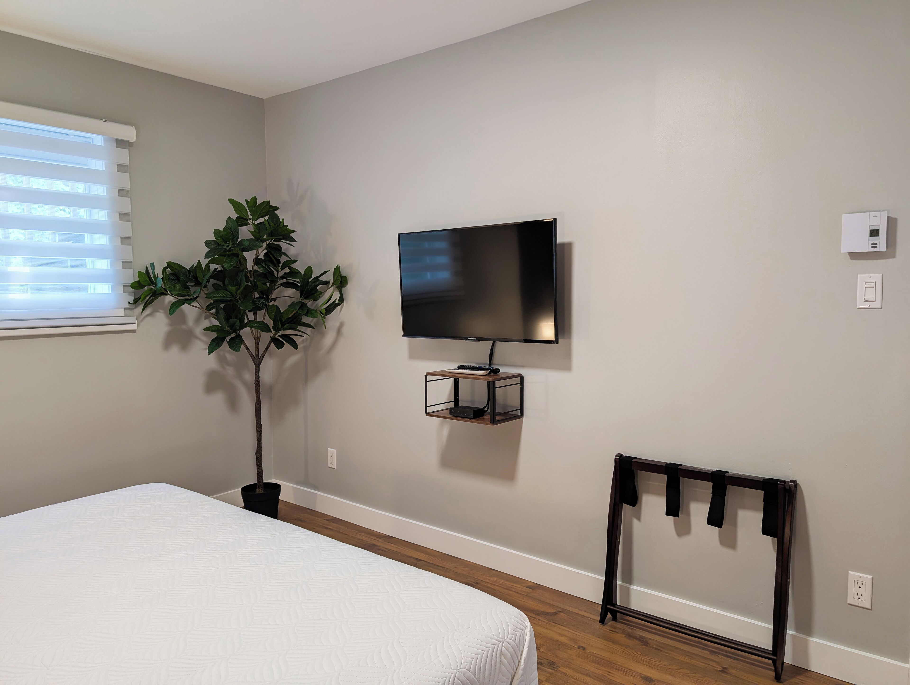 A bedroom with a bed, a potted plant, a mounted TV, and a coat rack.
