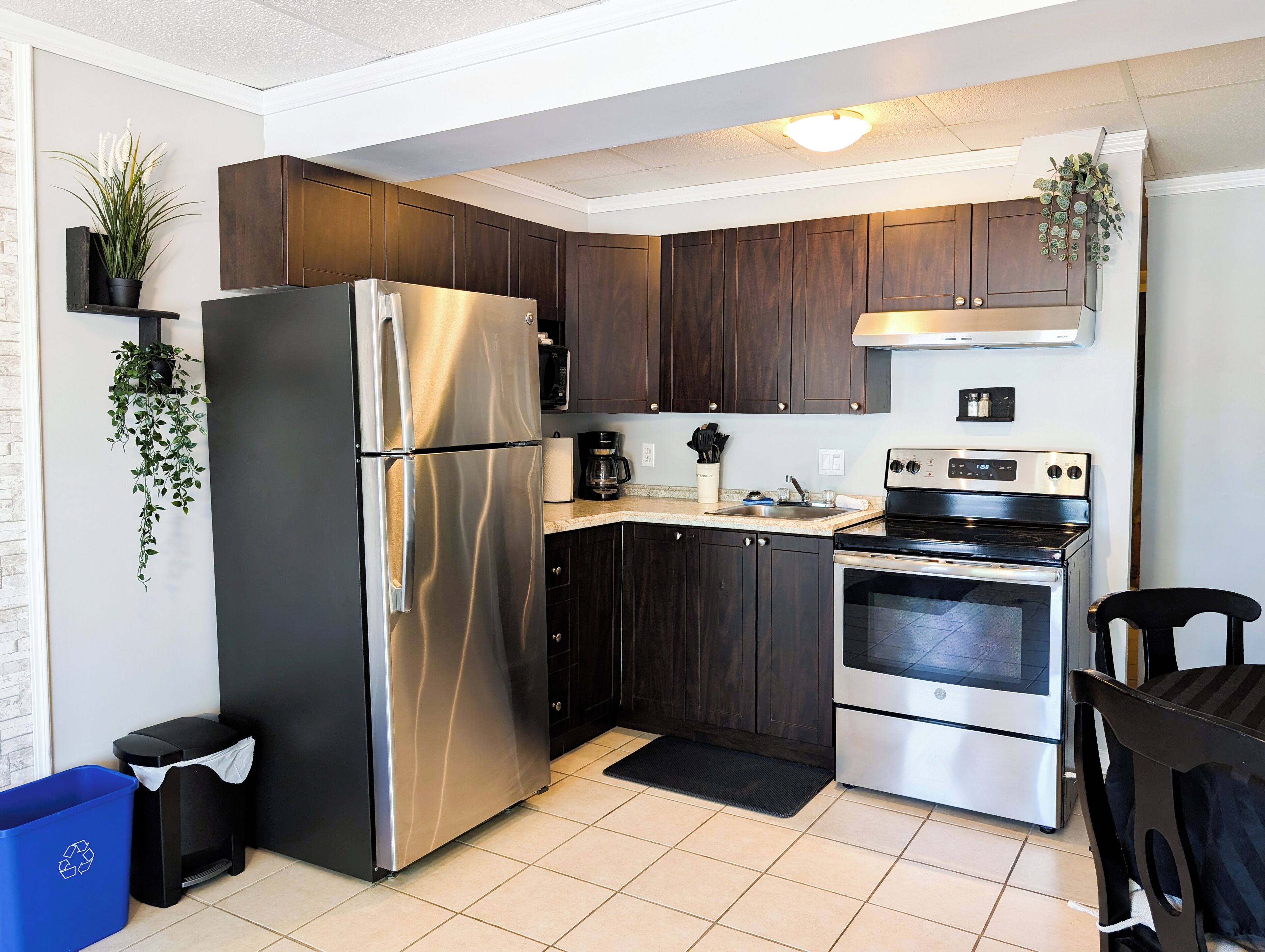 A modern kitchen with dark wooden cabinets, stainless steel appliances, and a black trash bin.