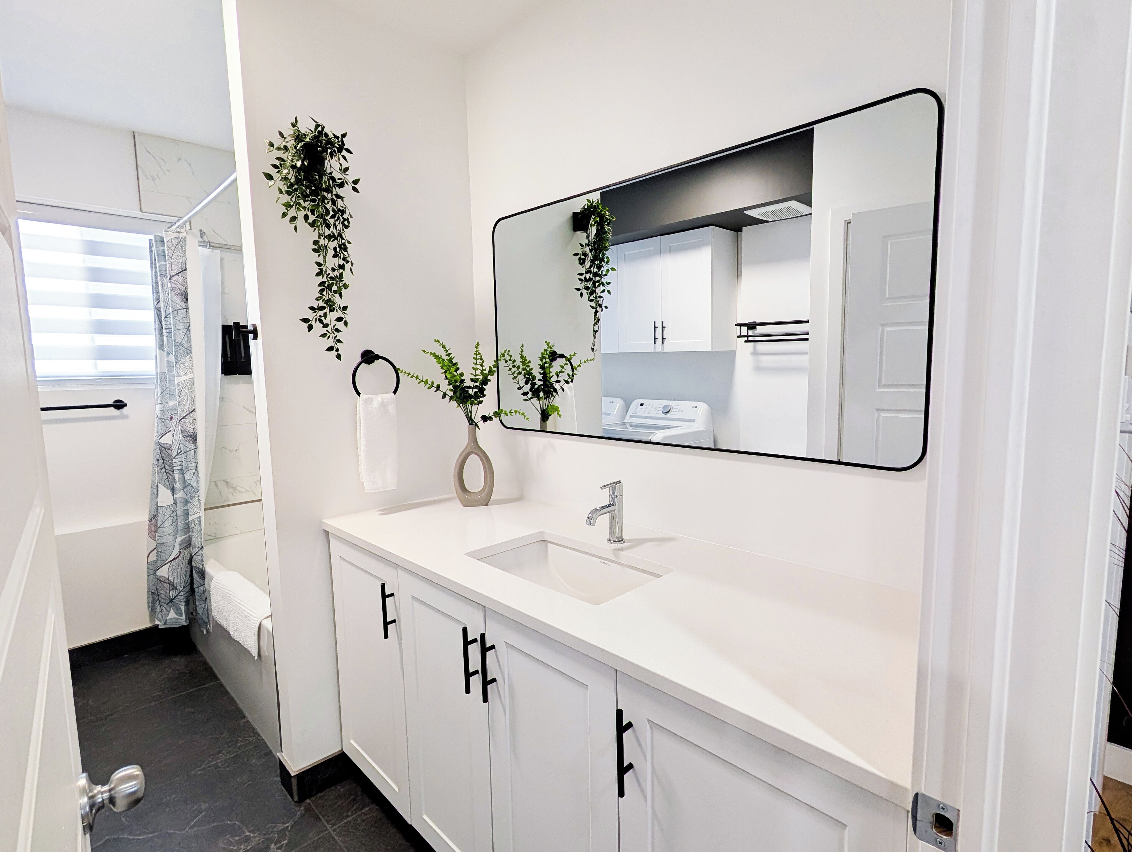 A modern bathroom with a white vanity, a large mirror, and a hanging plant.