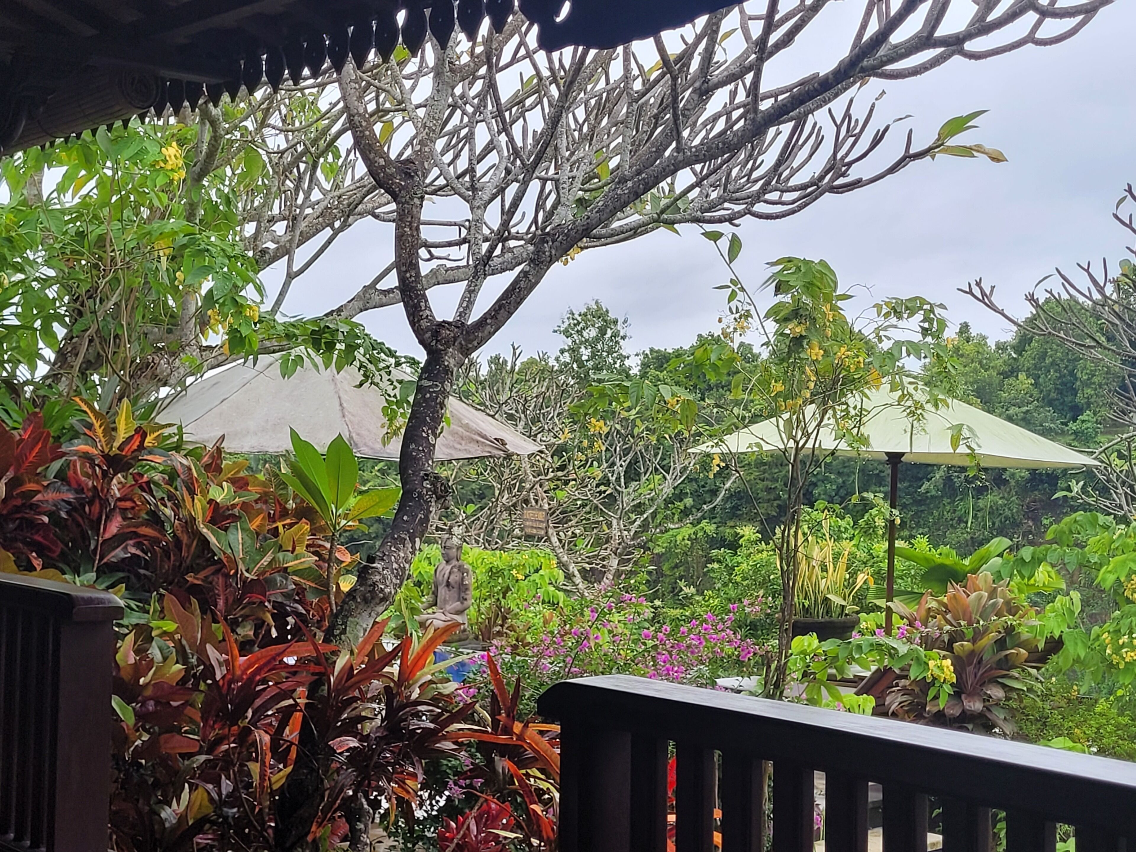 Un jardín exuberante con diversas plantas y árboles, un pabellón y una estatua.
