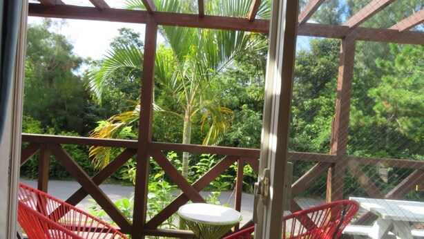 A covered outdoor area with red chairs and a small table, surrounded by lush greenery. - Holiday House Sumire (Onna)