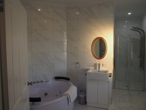 Shower, jetted bath, hair dryer, towels