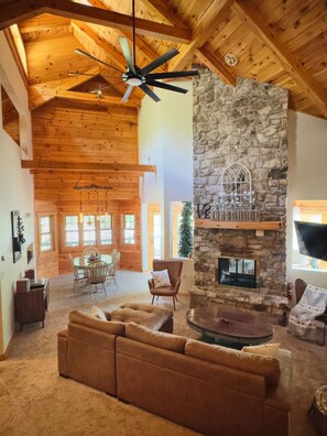 Smart TV, fireplace, books