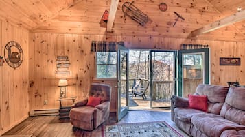 TV, fireplace, DVD player, books