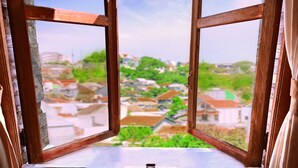 A view through a wooden-framed window overlooking a residential area with houses and greenery.