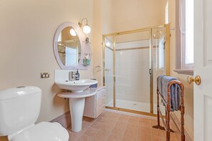 A bathroom with a toilet, sink, mirror, and glass-enclosed shower. - Clocktower Suites (Echuca)