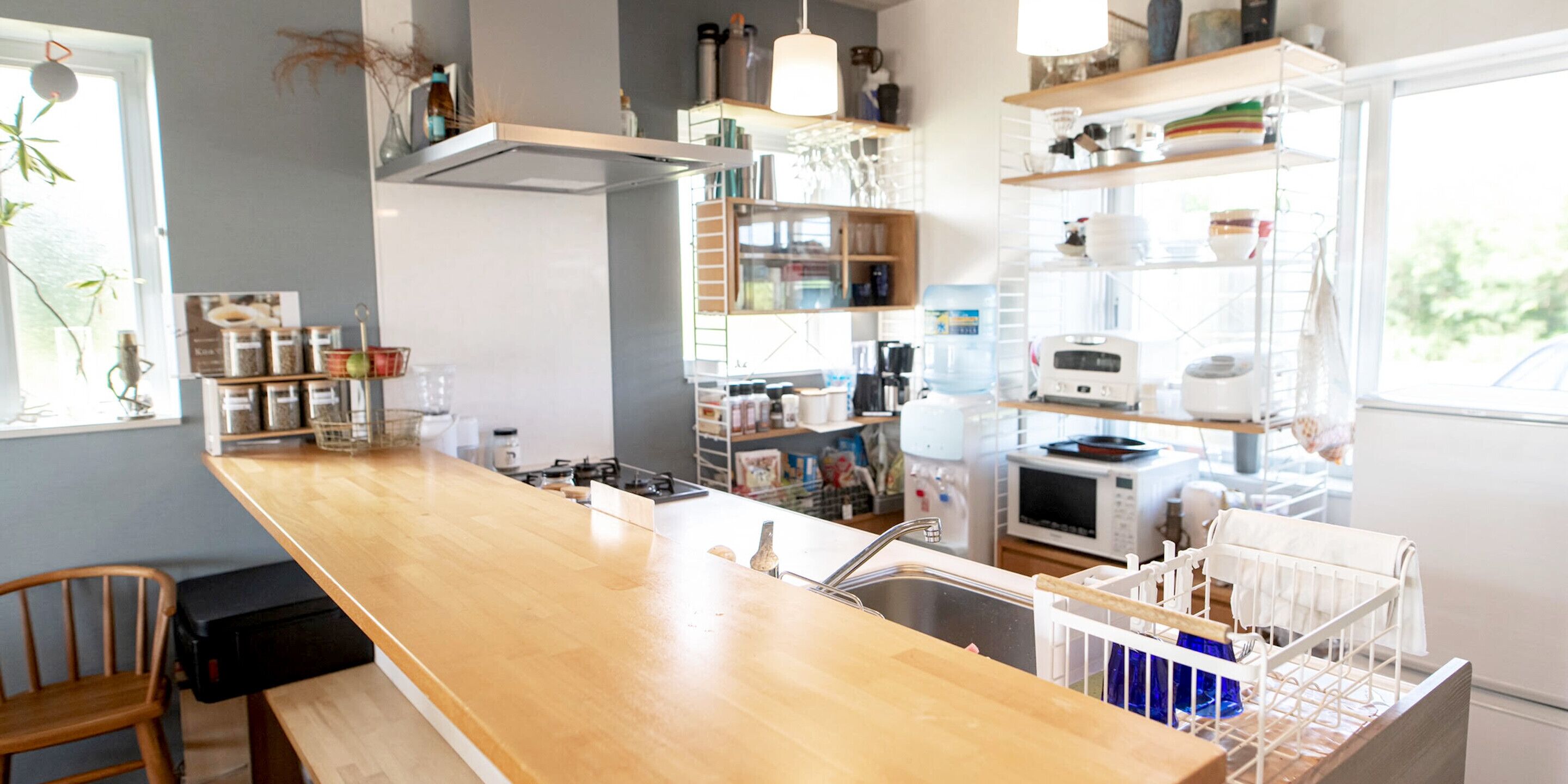 full-sized fridge, microwave, stovetop, rice cooker