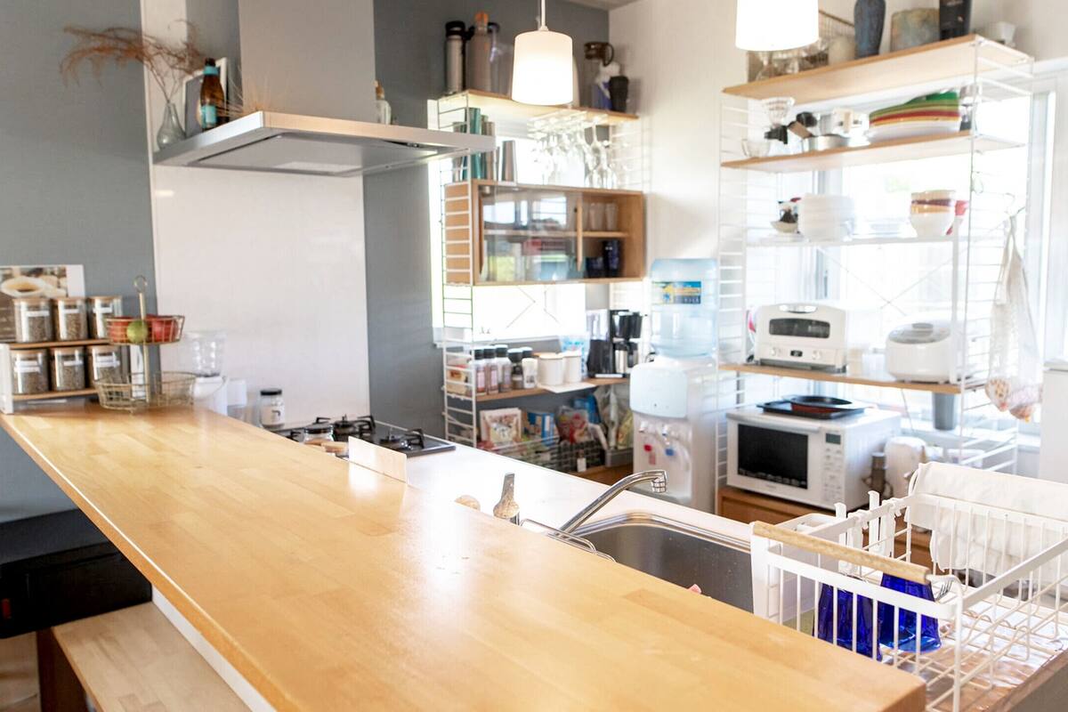 full-sized fridge, microwave, stovetop, rice cooker