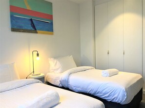 2 bedrooms, desk, iron/ironing board, travel cot