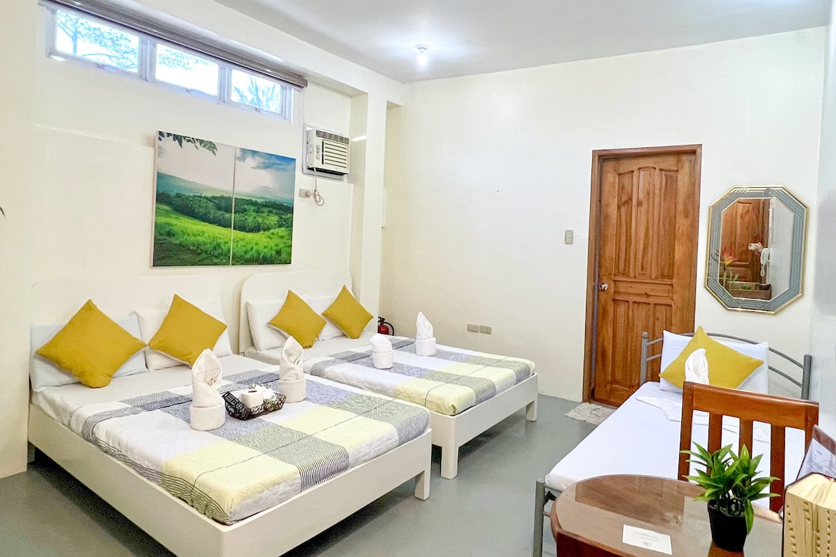 A bedroom with two beds, a wooden door, a mirror, and a window with a view of greenery.
