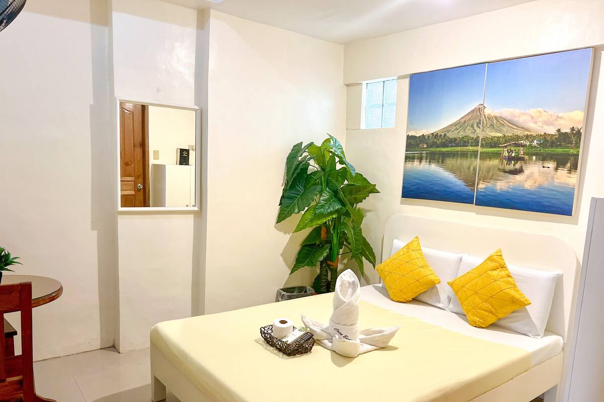 A hotel room with a bed, a large window with a view of a volcano, a mirror, and a plant.