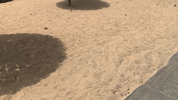 Ein Strand mit Reetdachschirmen und freiem Blick auf das Meer.