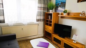 Un salon comprenant un canapé, une table basse, un téléviseur, un radiateur, une bibliothèque et une fenêtre avec des rideaux.