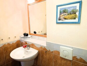 Hair dryer, towels, soap, toilet paper