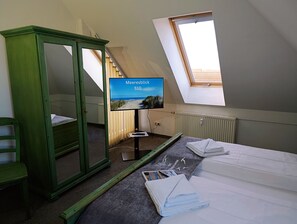 Une pièce comprenant un lit, une armoire verte, un téléviseur diffusant une scène de plage, un puits de lumière et un radiateur.