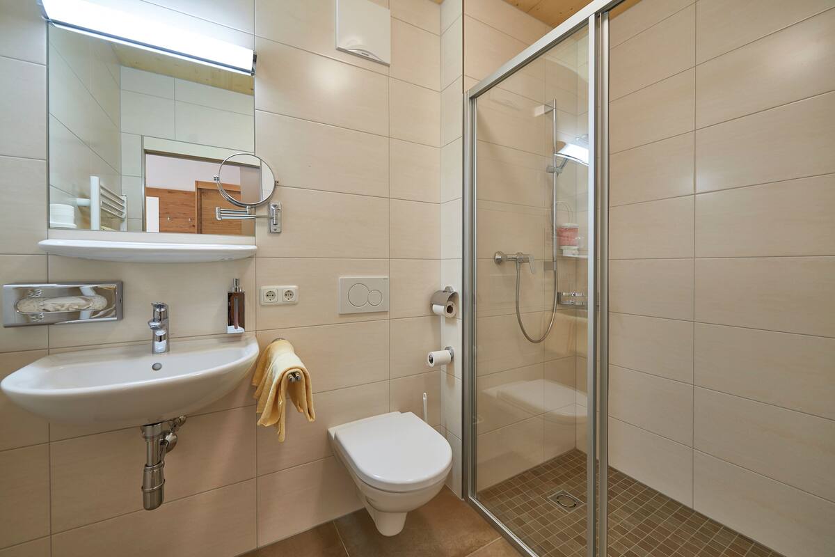 basic double room | bathroom | shower, hair dryer, towels