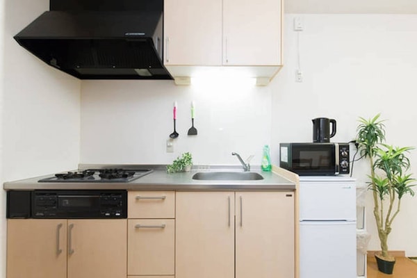 Fridge, microwave, stovetop, electric kettle