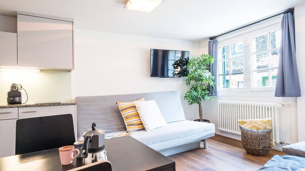 A modern room with a kitchenette, a sofa bed, a TV, and a window with curtains. - ZH Schmidgasse I - Hitrental Apartment (Zürich)