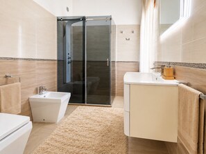 Combined shower/tub, hair dryer, bidet, towels