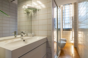 A modern bathroom with a large sink, a glass shower enclosure, and a toilet.