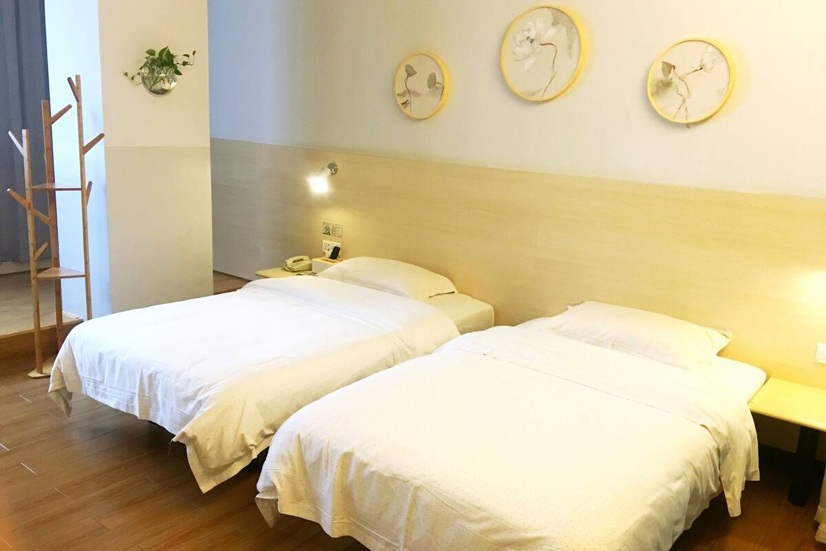 Een hotelkamer met twee eenpersoonsbedden, een houten vloer, een nachtkastje met een lamp, een telefoon en een aan de muur bevestigde plant.