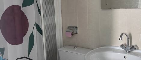 A bathroom with a toilet, sink, and shower.