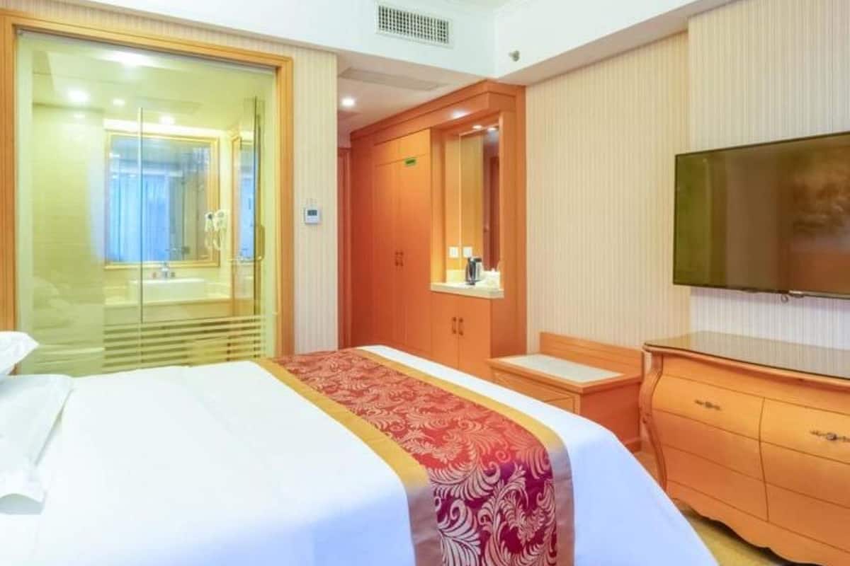 A hotel room with a bed, a TV, a mirror, and a wardrobe.