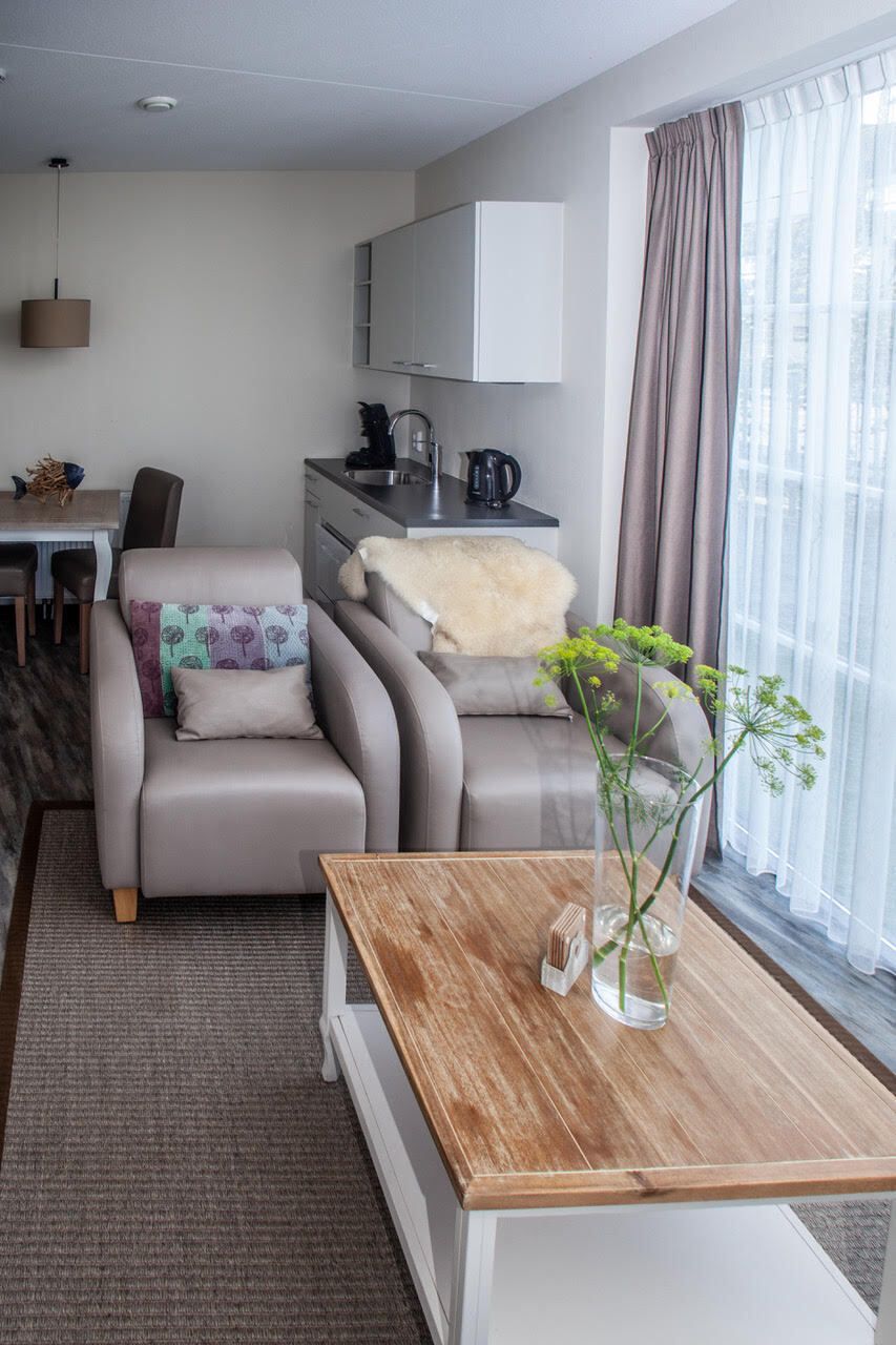 A modern living room with a sofa, a wooden coffee table, and a kitchen area with cabinets and a kettle.