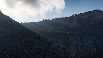 Un paysage montagneux caractérisé par une végétation forestière dense et un ciel dégagé.