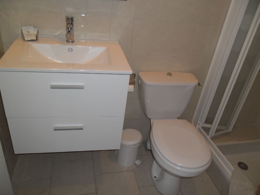 Ein Badezimmer mit Waschbecken, zwei Schubladen, Toilette und Duschbereich.
