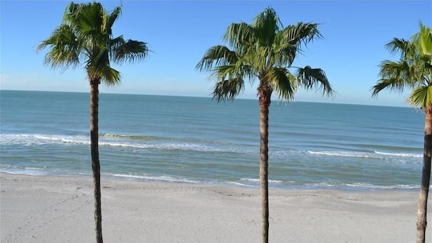 A beach with three palm trees and a clear view of the ocean. - Beachcomber unit 404 (Longboat Key)
