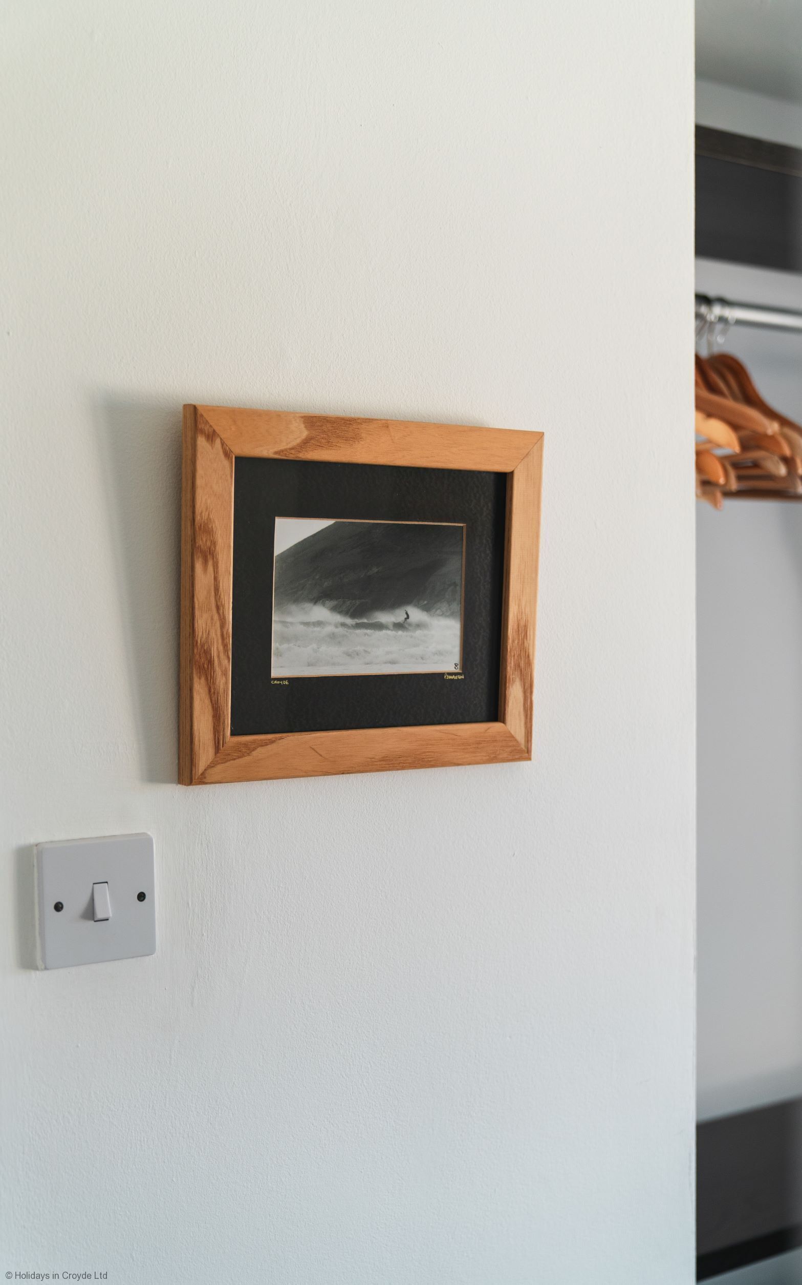 A framed photograph on a wall, a light switch, and a wooden hanger rod.