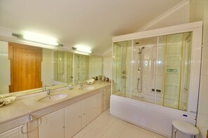 Combined shower/tub, hair dryer, towels, toilet paper