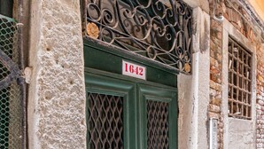 A building facade with a green door, a metal gate, and a stone wall. - San Marco Joy (Venice)