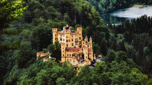 A castle surrounded by dense forest and a lake.