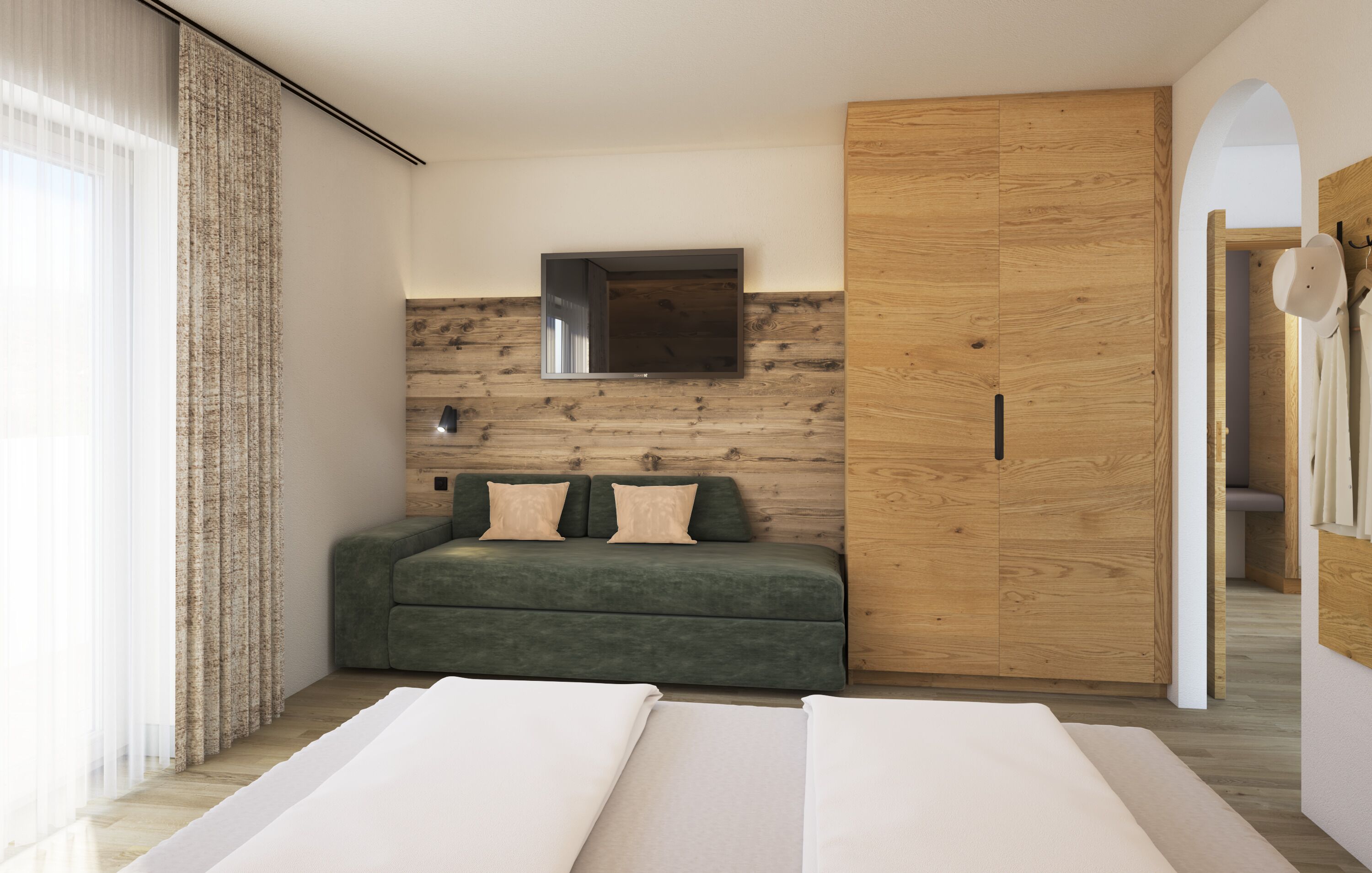 Un dormitorio moderno con un sofá verde, paneles de madera, un televisor de pantalla plana y un armario.