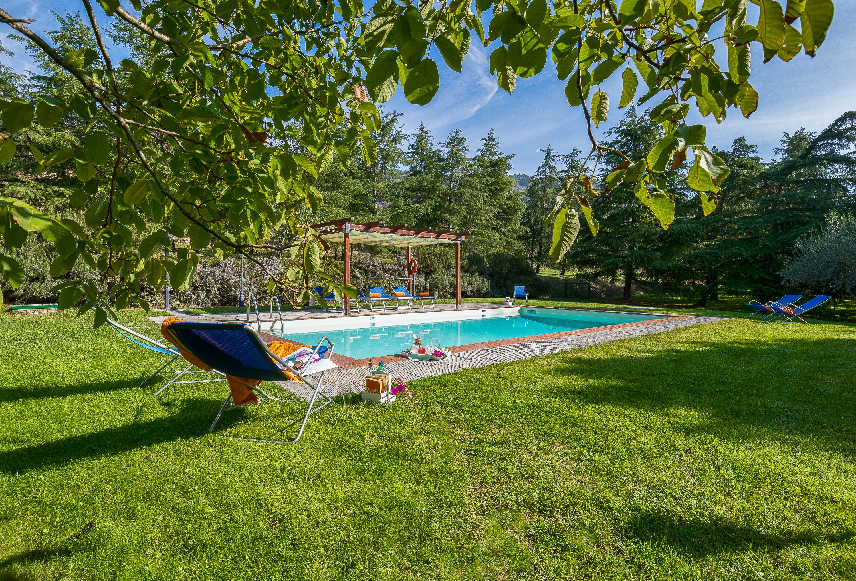 Une piscine avec des chaises longues et une pergola dans un jardin arrière verdoyant.