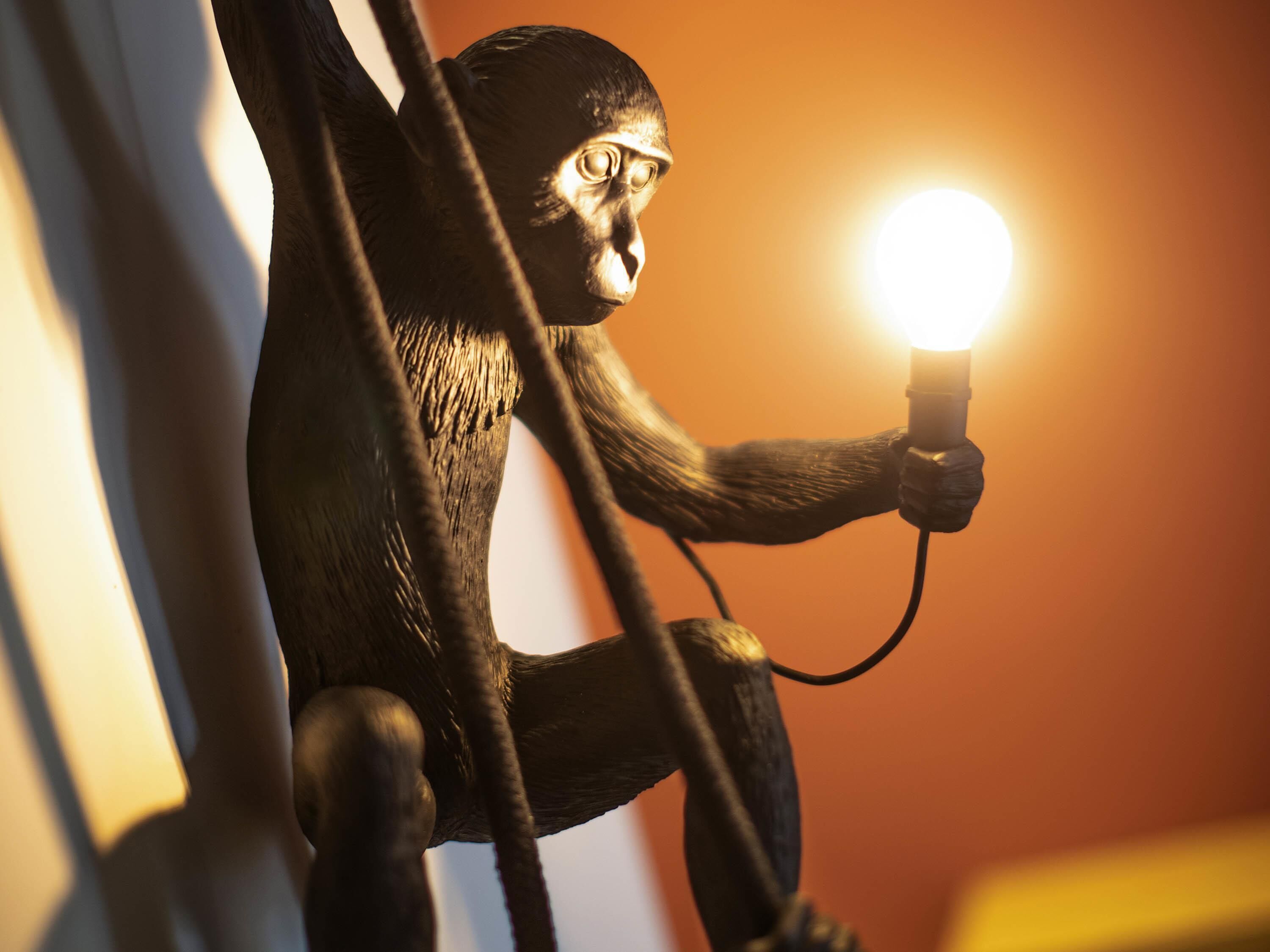 Una estàtua de mico amb una bombeta.