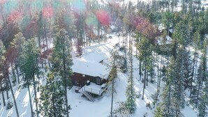 En stuga omgiven av snötäckta träd.