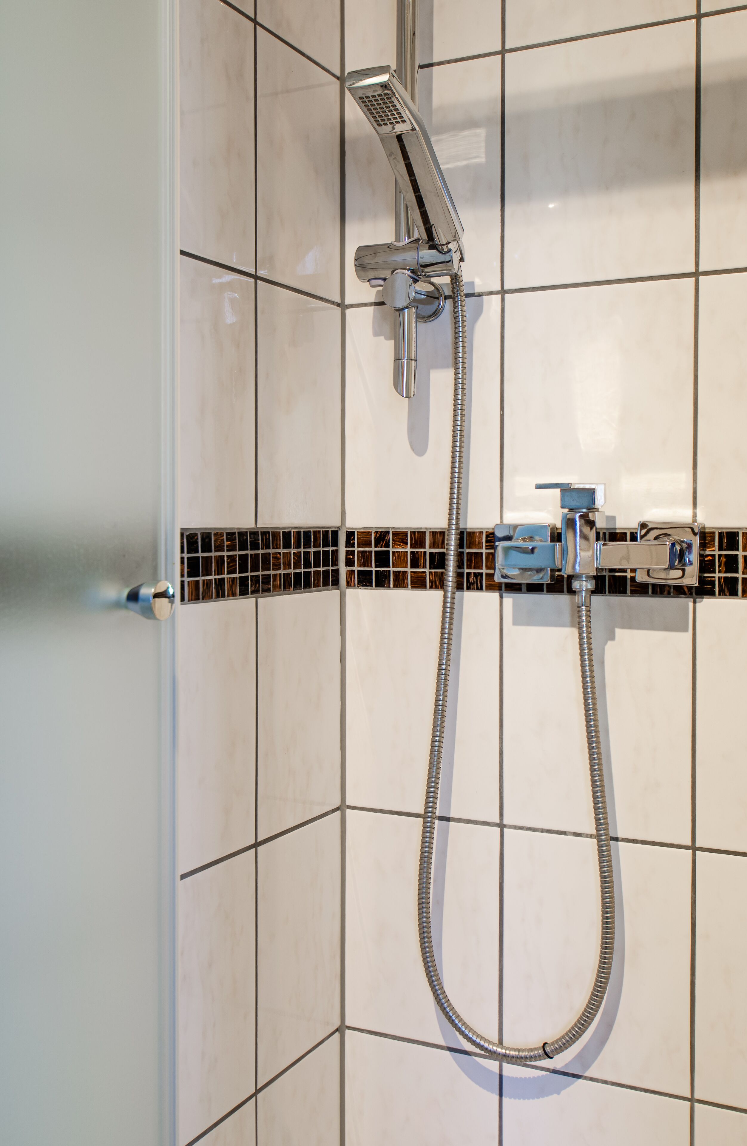 Eine Dusche mit Handbrause und flexiblem Duschschlauch, vor einer gefliesten Wand mit dekorativer Bordüre.