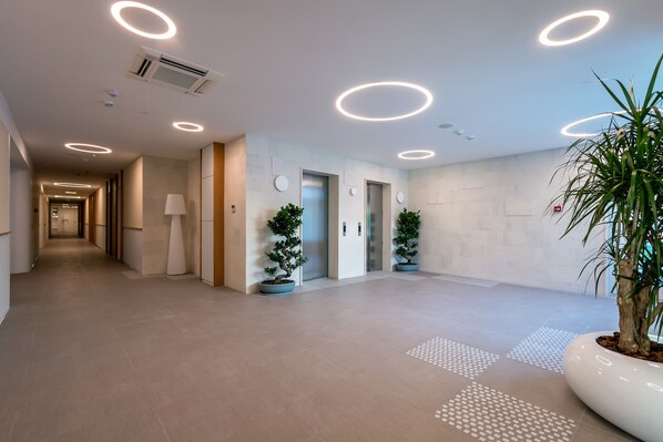 A modern hallway with recessed lighting, potted plants, and a clean, minimalist design. - Carine Hotel Kumbor (Kumbor)