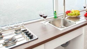 ラグジュアリー モバイルホーム (Febomobil 1180 - houseboat) | 専用キッチン | 冷蔵庫、オーブン、コンロ、調理器具と食器